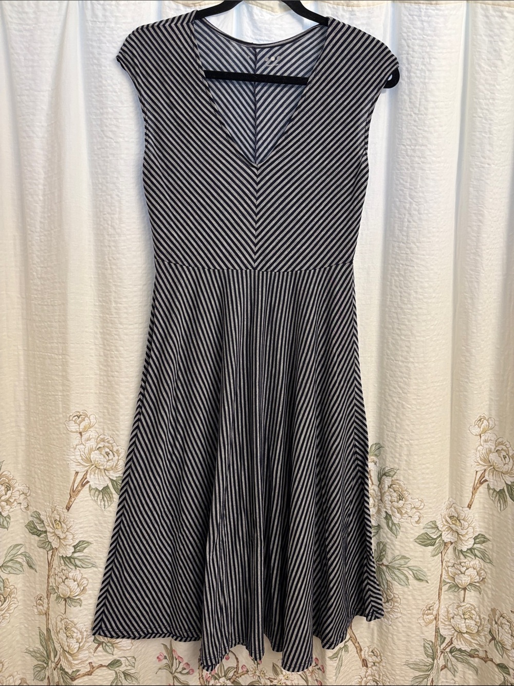 V-Neck Navy and Grey Striped Midi Dress
